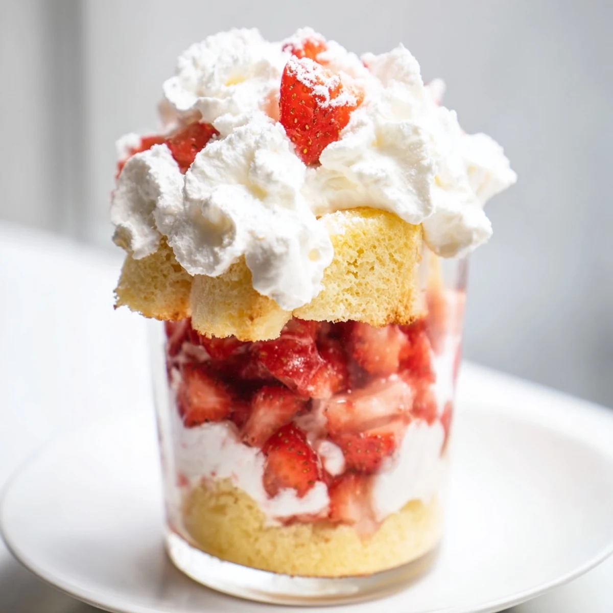 Individual Valentine Strawberry Shortcake Cups filled with buttery shortcake, glistening strawberries, and soft whipped cream, ready for a romantic dessert.