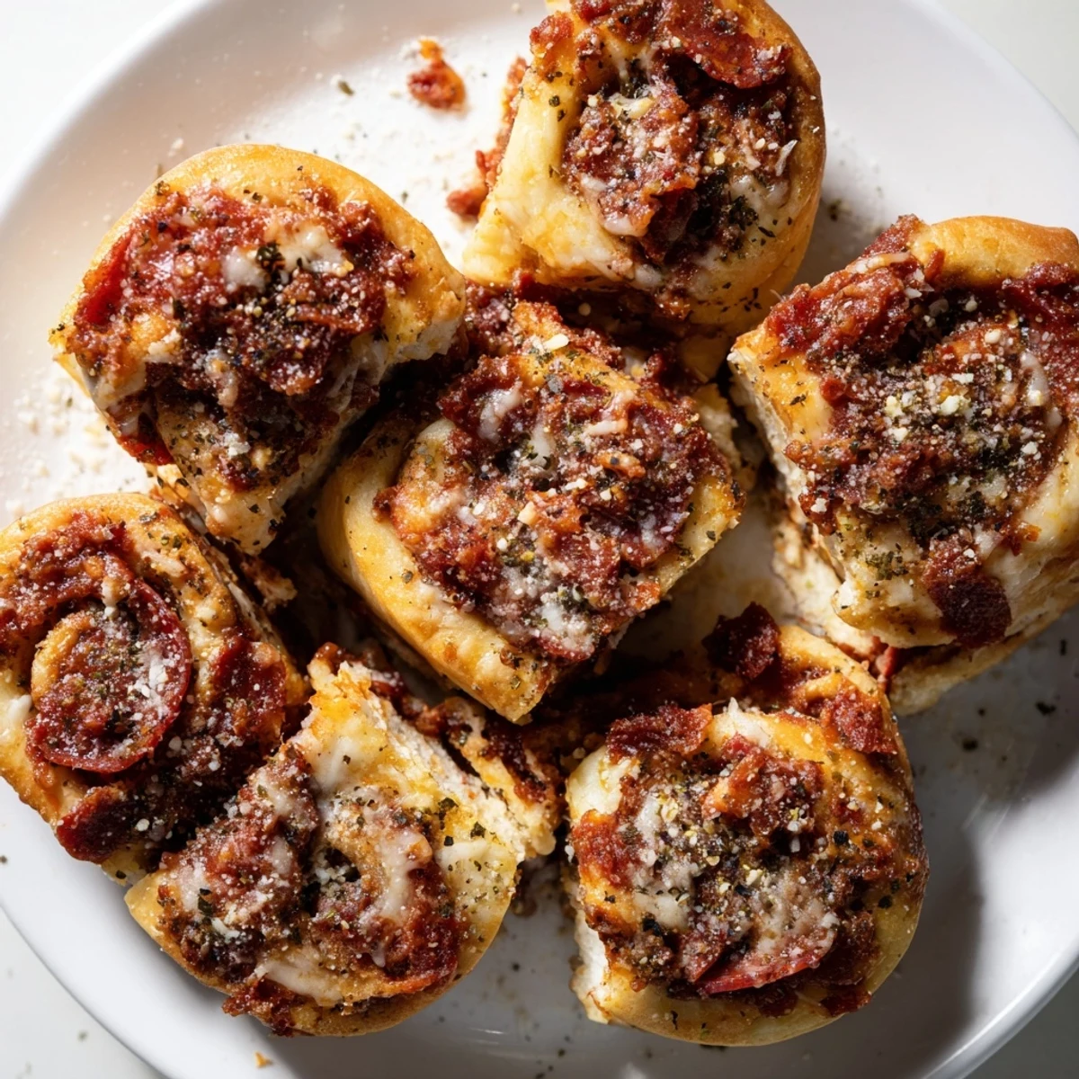 Freshly baked Game Day Pizza Rolls with Beef Pepperoni cooling on a tray, golden-brown and bubbling with melted cheese.