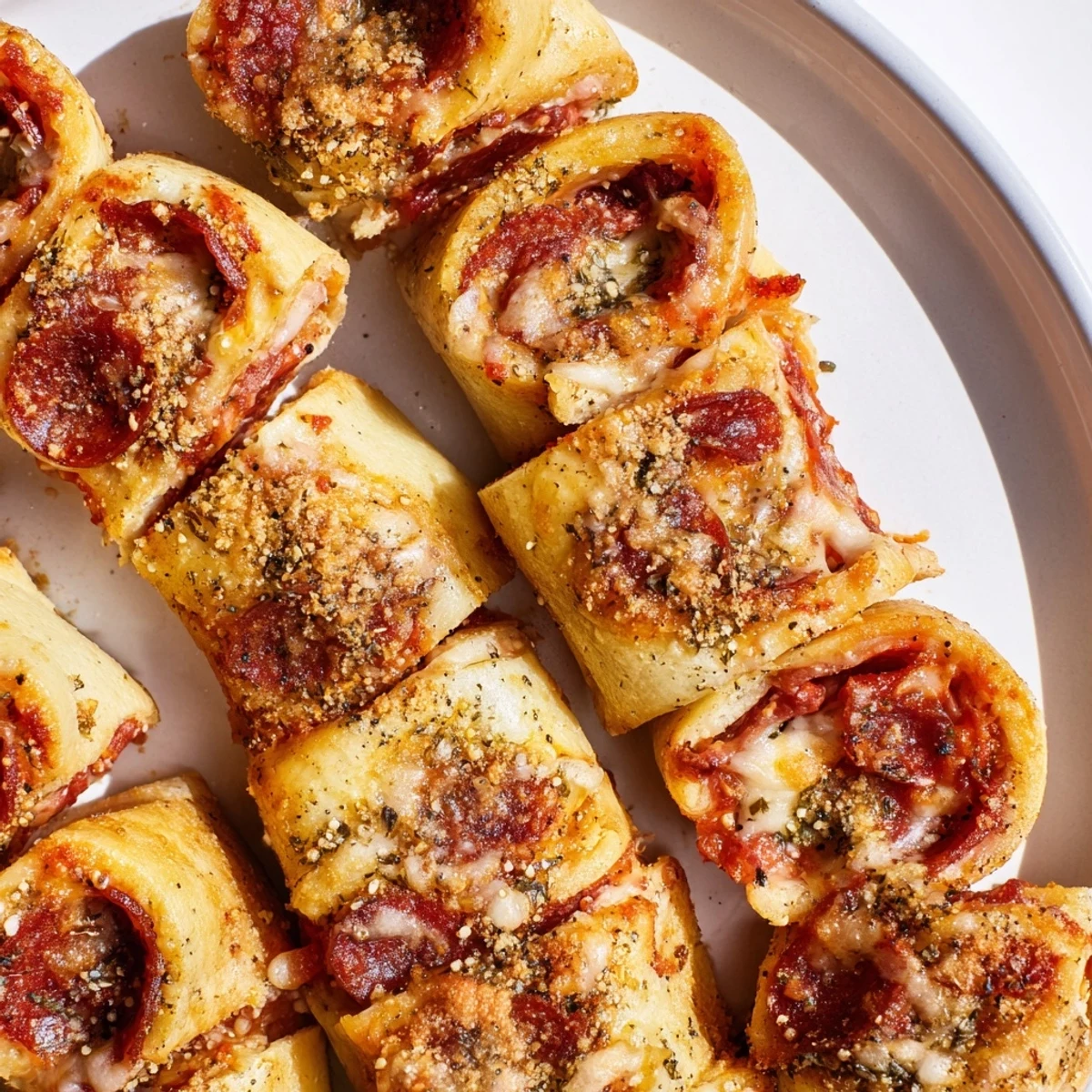 Warm Game Day Pizza Rolls with Beef Pepperoni filled with melted mozzarella and cheddar, perfect for a Super Bowl party.