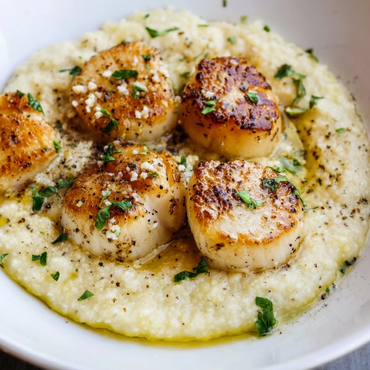 Golden seared scallops resting on creamy Parmesan polenta, drizzled with bright lemon-herb butter for a romantic dinner.