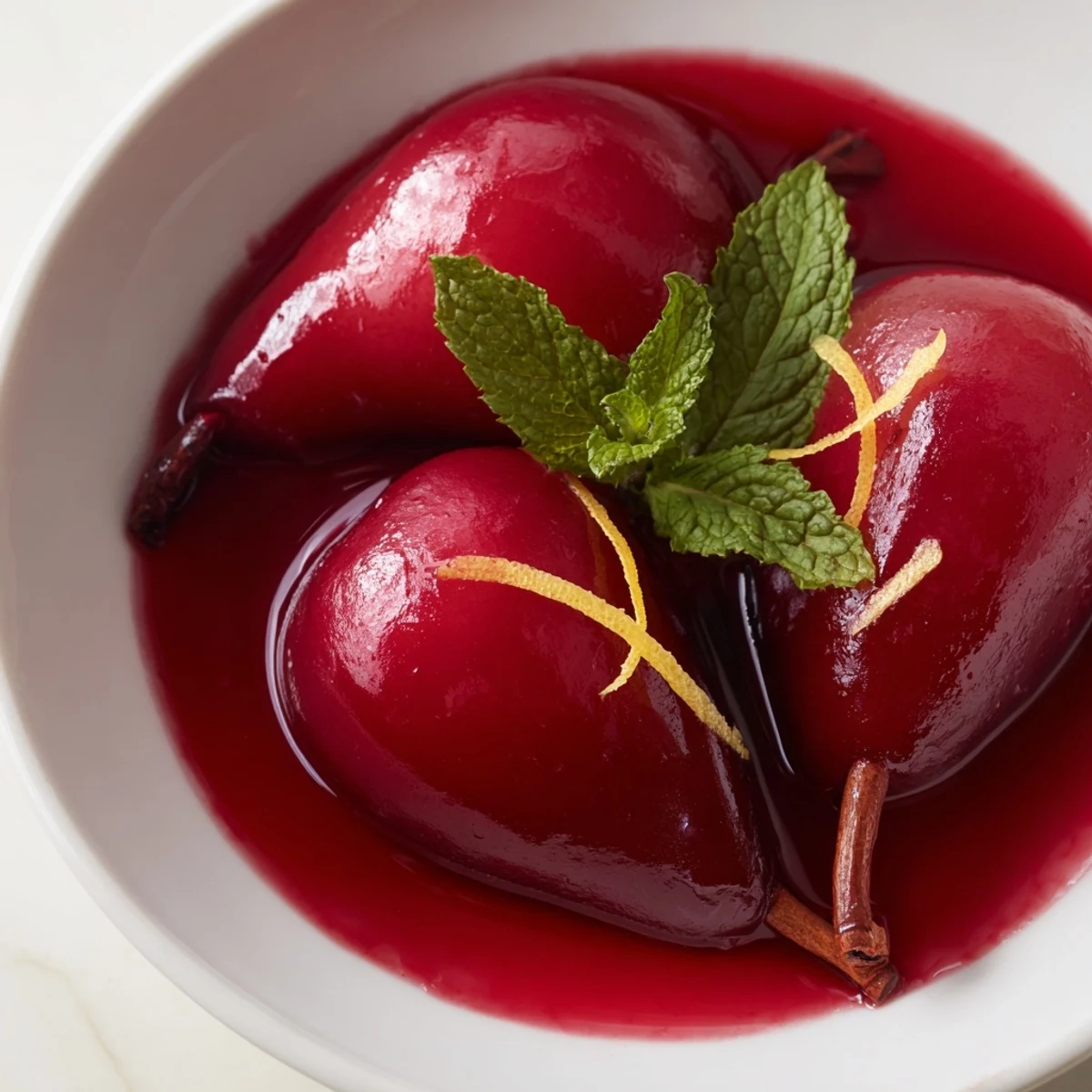 Poached Pears in Grape Juice served warm with a drizzle of syrup and fresh mint.