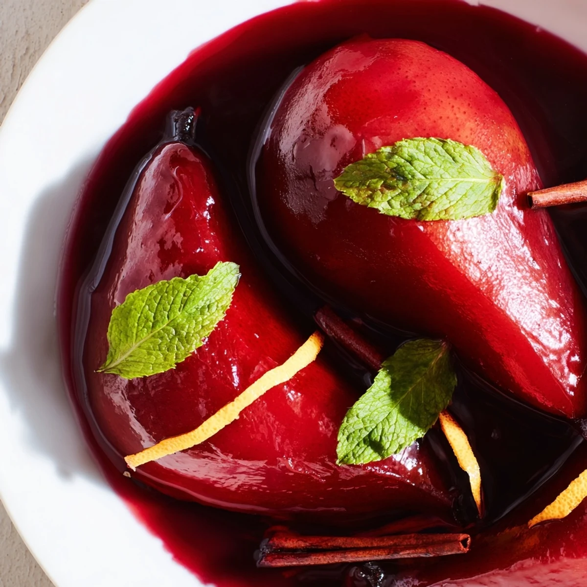 Perfectly tender Poached Pears in Grape Juice resting in a shallow dessert bowl ready to serve.