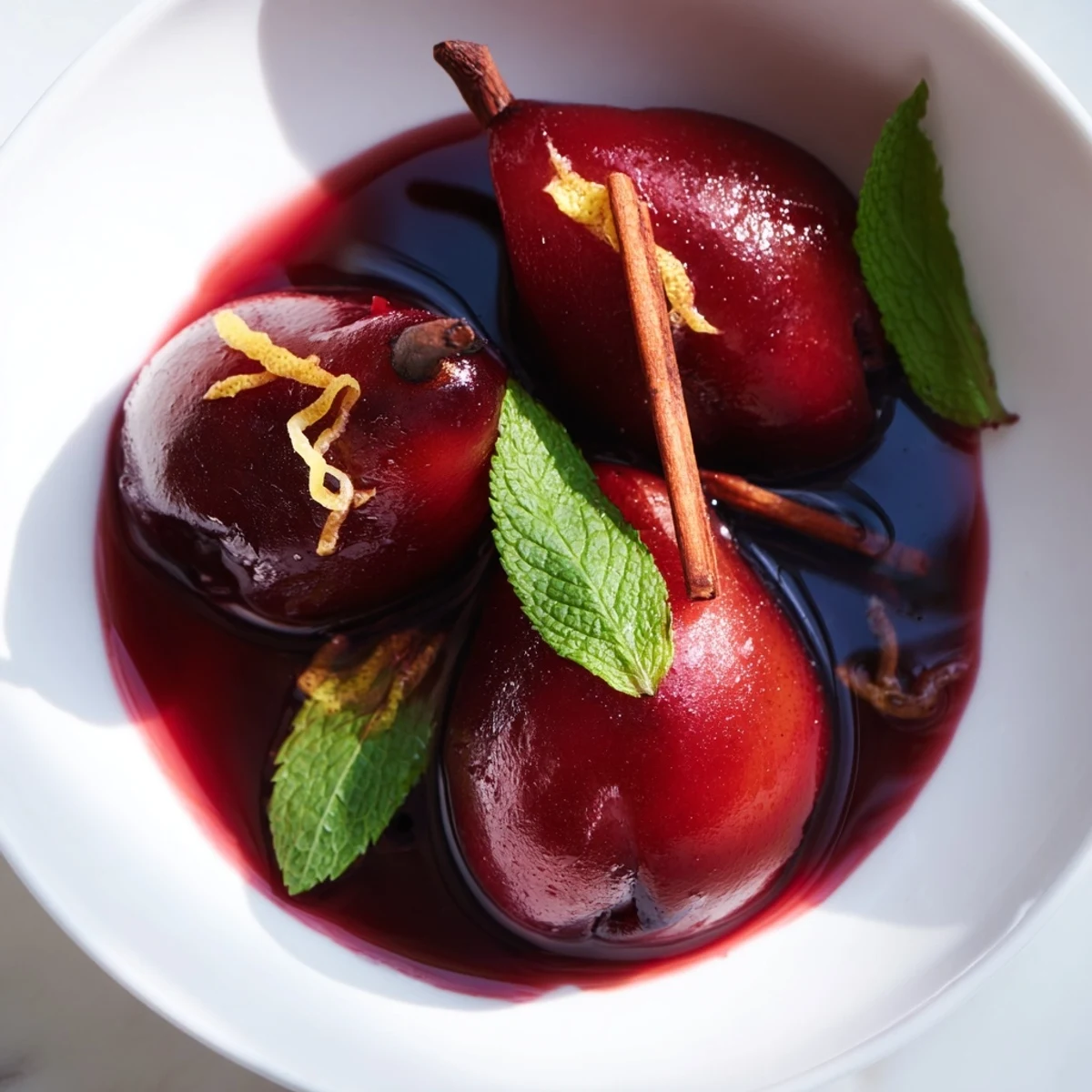 Dessert presentation of Poached Pears in Grape Juice with a scoop of vanilla ice cream melting.