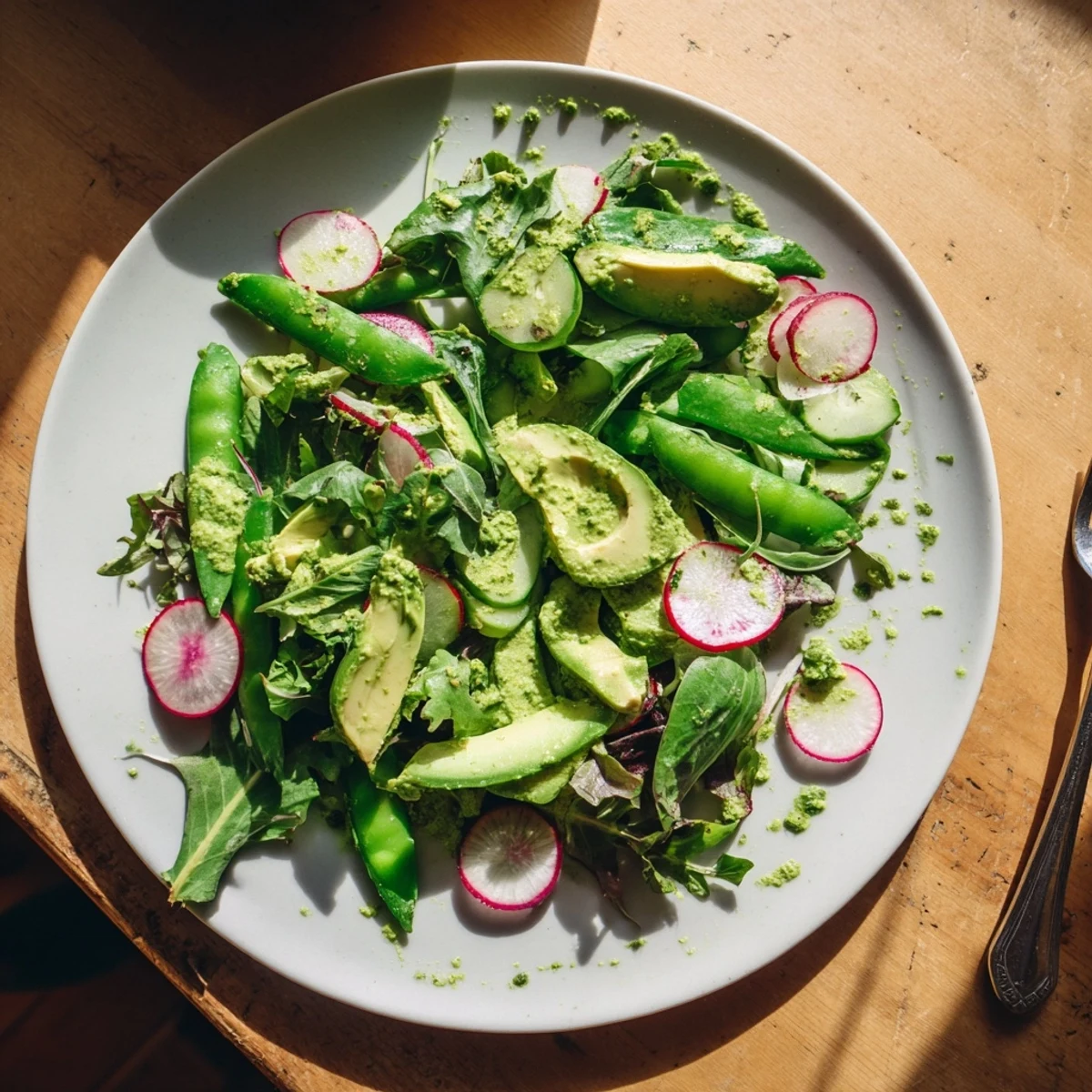 Fresh Green Salad with Green Goddess Dressing tossed with crisp cucumbers, radishes, and creamy avocado slices. Topped with chopped herbs for a bright, healthy lunch or light dinner side. Fresh Green Salad with Green Goddess Dressing served in a white bowl with vibrant sugar snap peas and extra dressing on the side. A delicious vegetarian and gluten-free vegetarian meal option for busy weekday lunches.