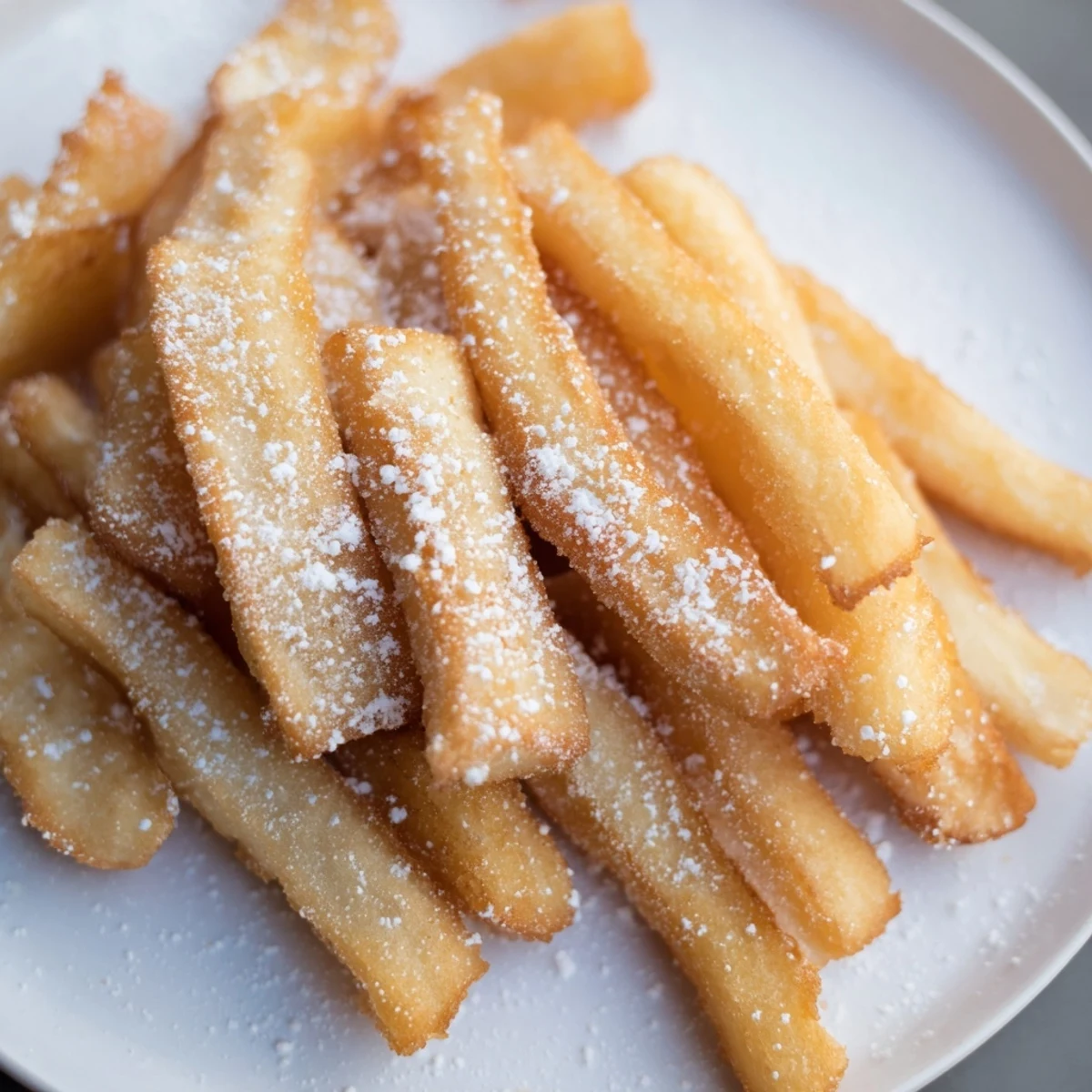 Crispy golden beignet fries with powdered sugar, perfect for dipping or snacking on a cozy New Orleans-inspired dessert.  