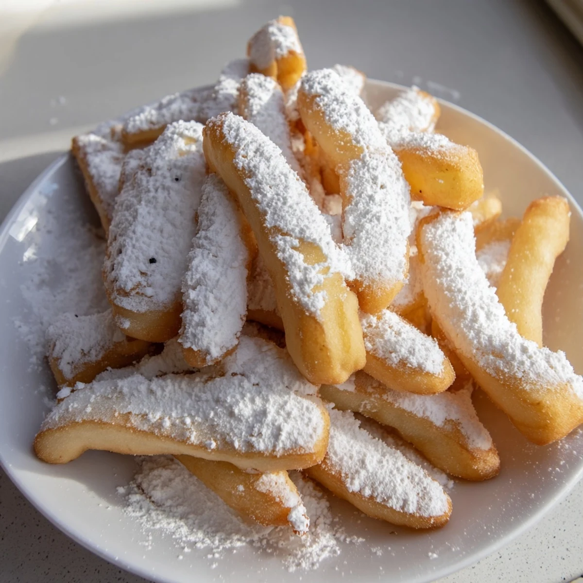 A close-up of golden-brown beignet fries, piled high on a plate and generously sprinkled with powdered sugar.