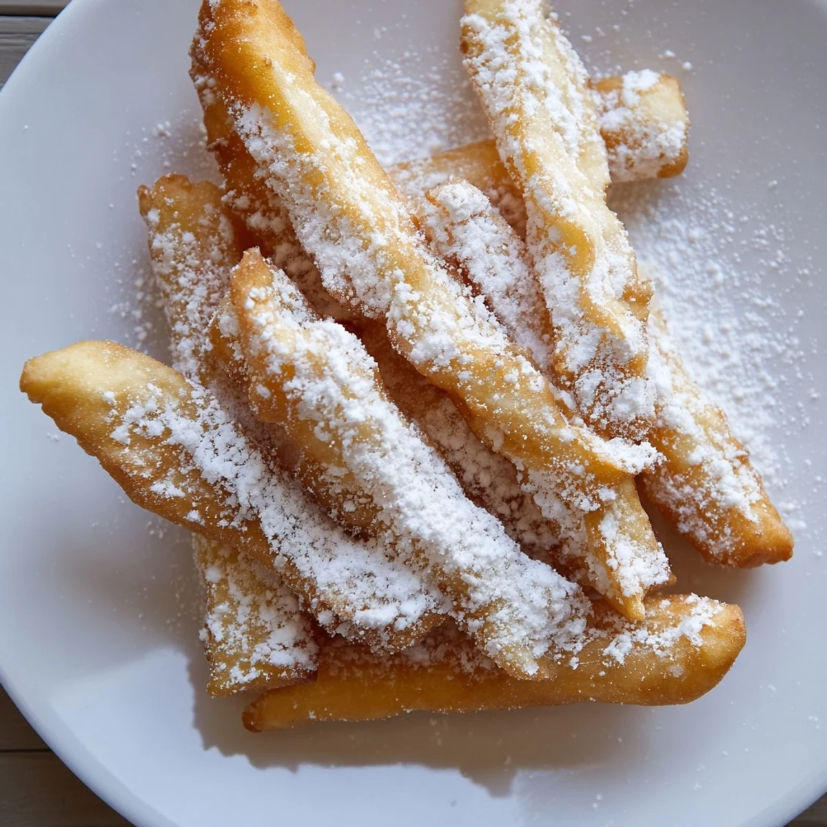 Warm, freshly fried beignet fries dusted with powdered sugar, served alongside a cup of coffee or milk.  