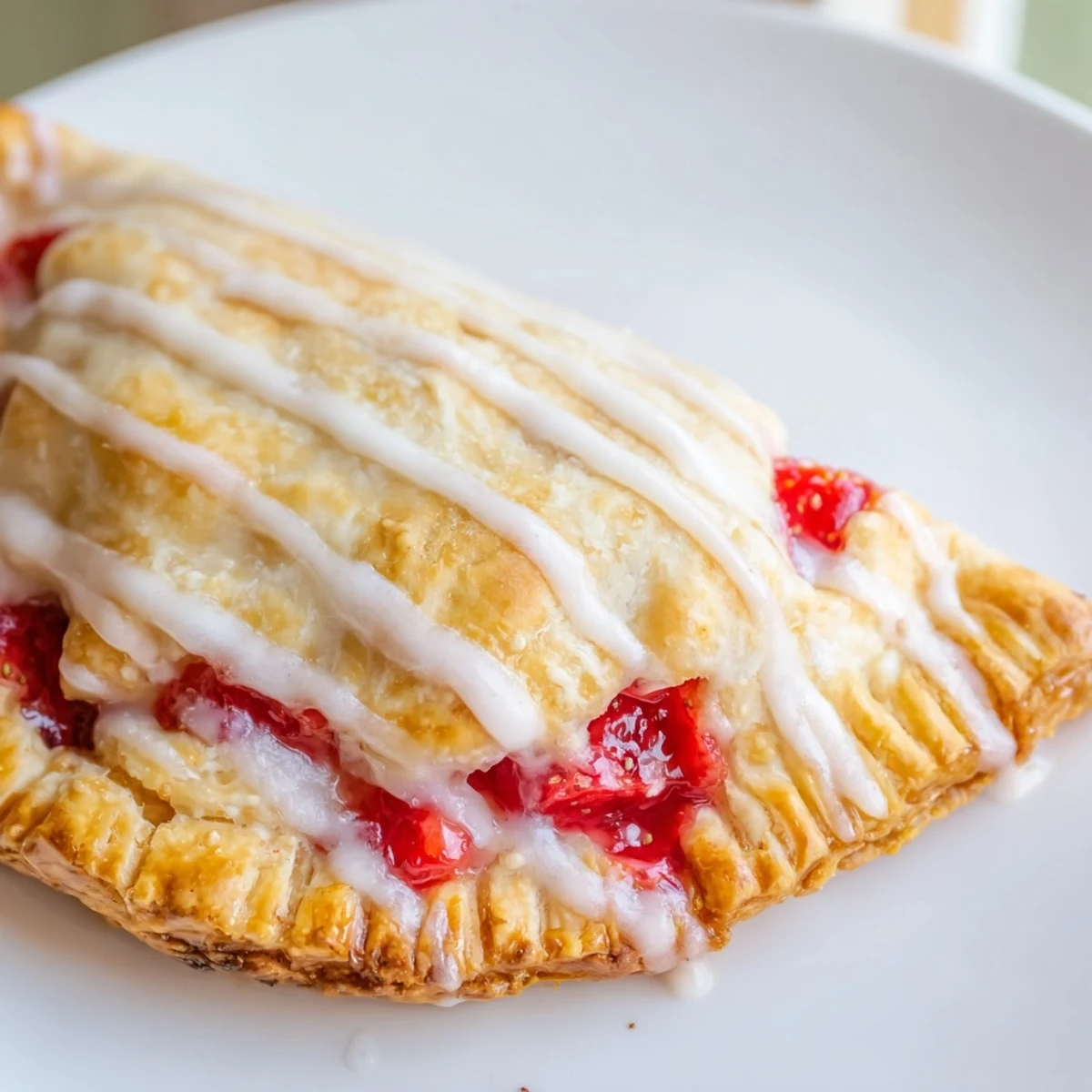 A close-up of Strawberry Hand Pies with Glaze showing flaky, golden-brown pastry on a rustic wooden board.