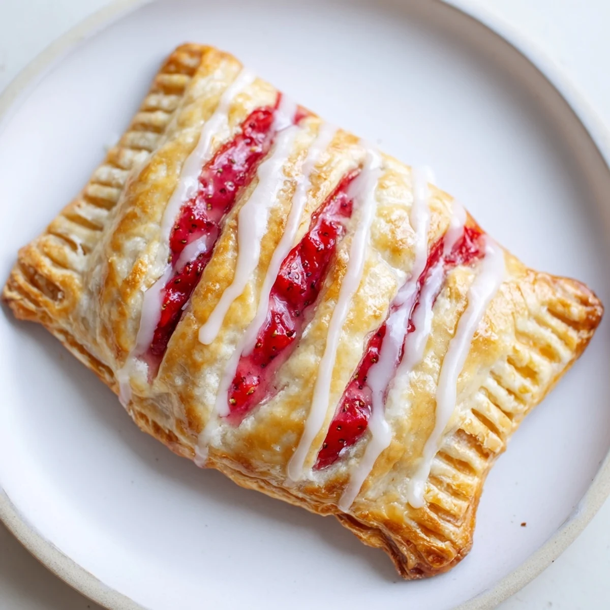 Freshly baked Strawberry Hand Pies with Glaze, finished with a delicate vanilla drizzle and served on a white plate.