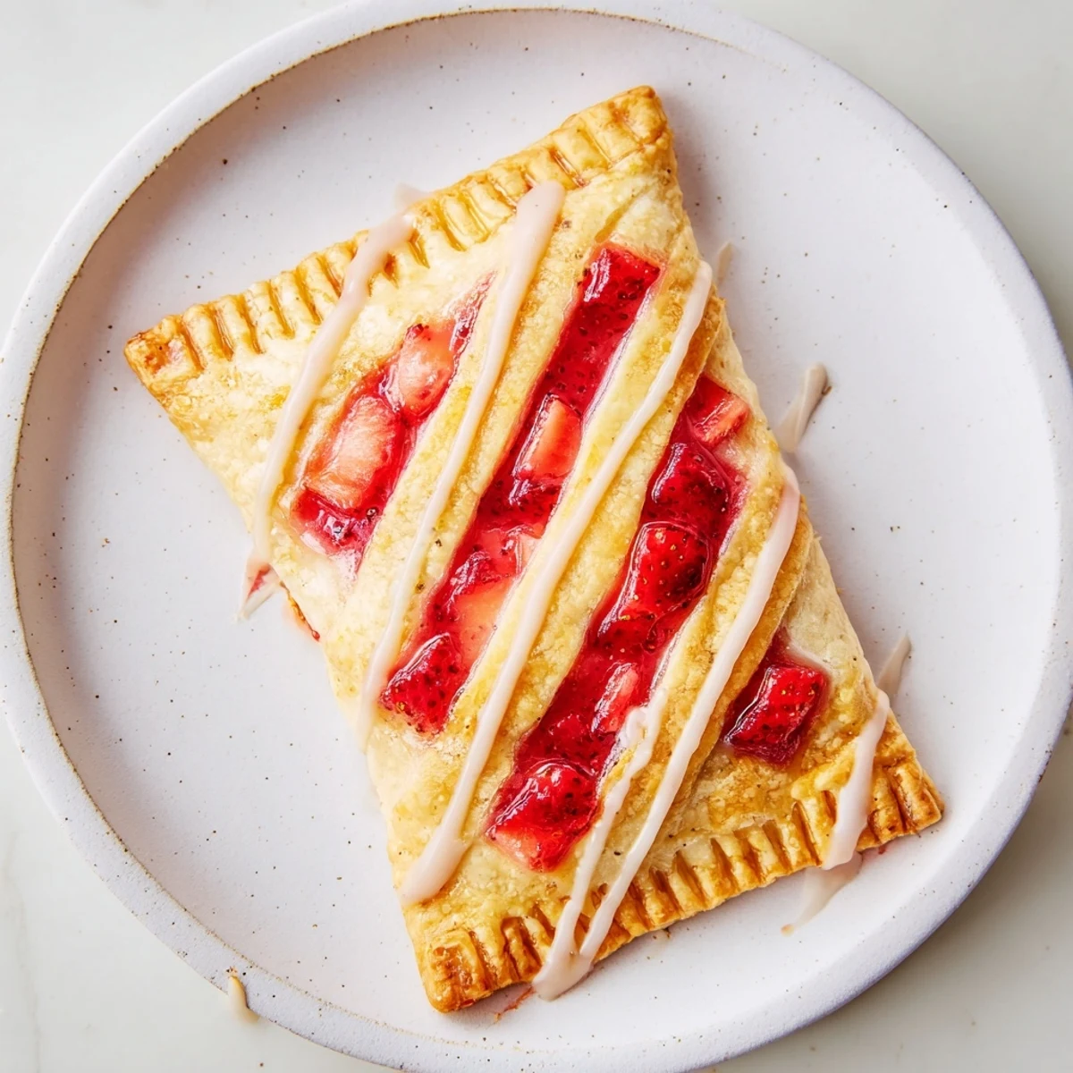 Golden-brown Strawberry Hand Pies with Glaze, their sweet strawberry filling peeking through a crimped edge and steam vent.