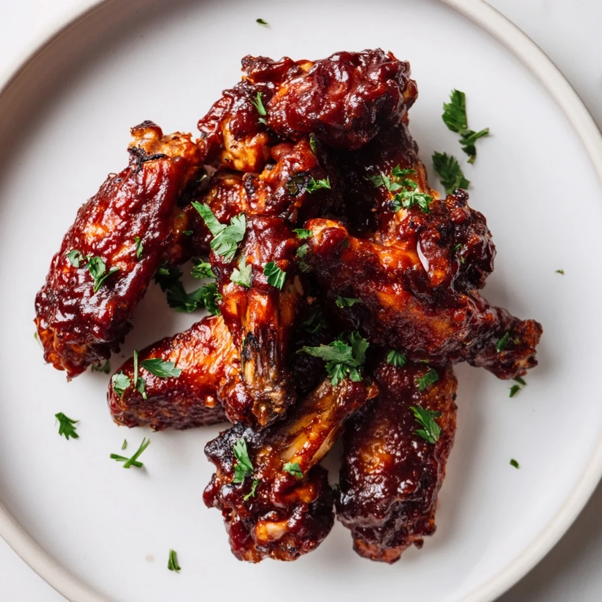 Golden-brown, crispy chicken wings piled high on a platter, glistening with smoky-sweet BBQ sauce for a casual game day spread.  