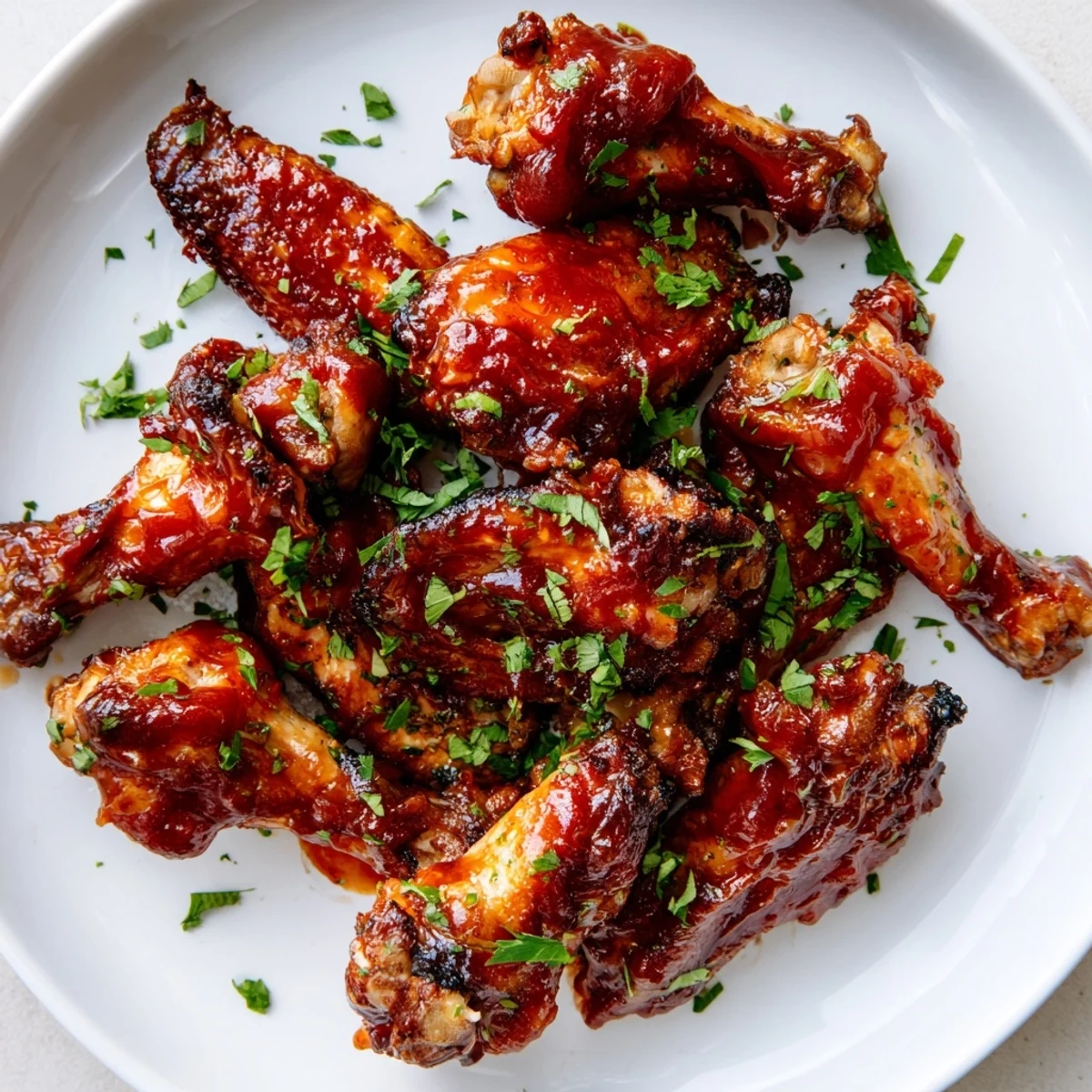A close-up of glazed Chicken Wing Platter with BBQ Sauce, featuring juicy meat, sticky sauce, and fresh parsley garnish on a wooden board.