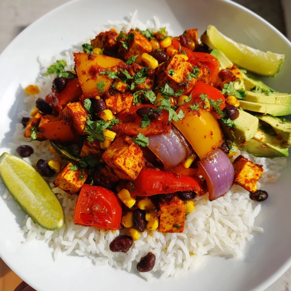 Savory Veggie Rice Bowl with Cajun spices and colorful vegetables served warm, with creamy avocado slices and zesty lime wedges for a hearty vegetarian meal.