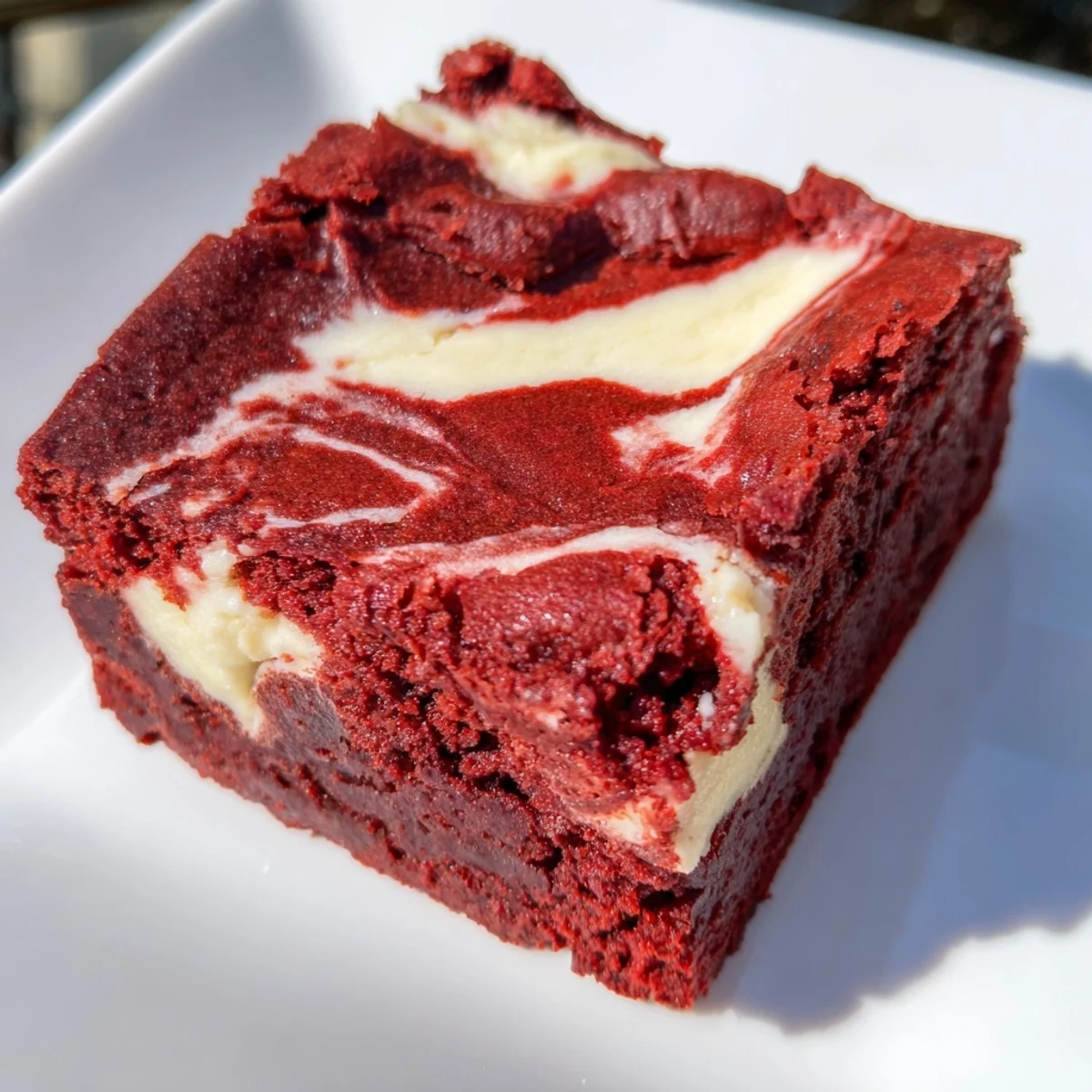 A close-up of Red Velvet Brownies with Cheesecake Swirl shows gooey swirls and a glossy, chocolatey surface, perfect for dessert. 