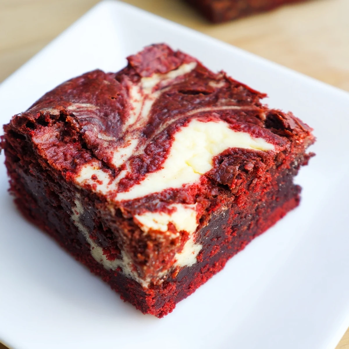 Vibrant Red Velvet Brownies with Cheesecake Swirl feature a rich, fudgy texture and a creamy, marbled center on a white plate. 