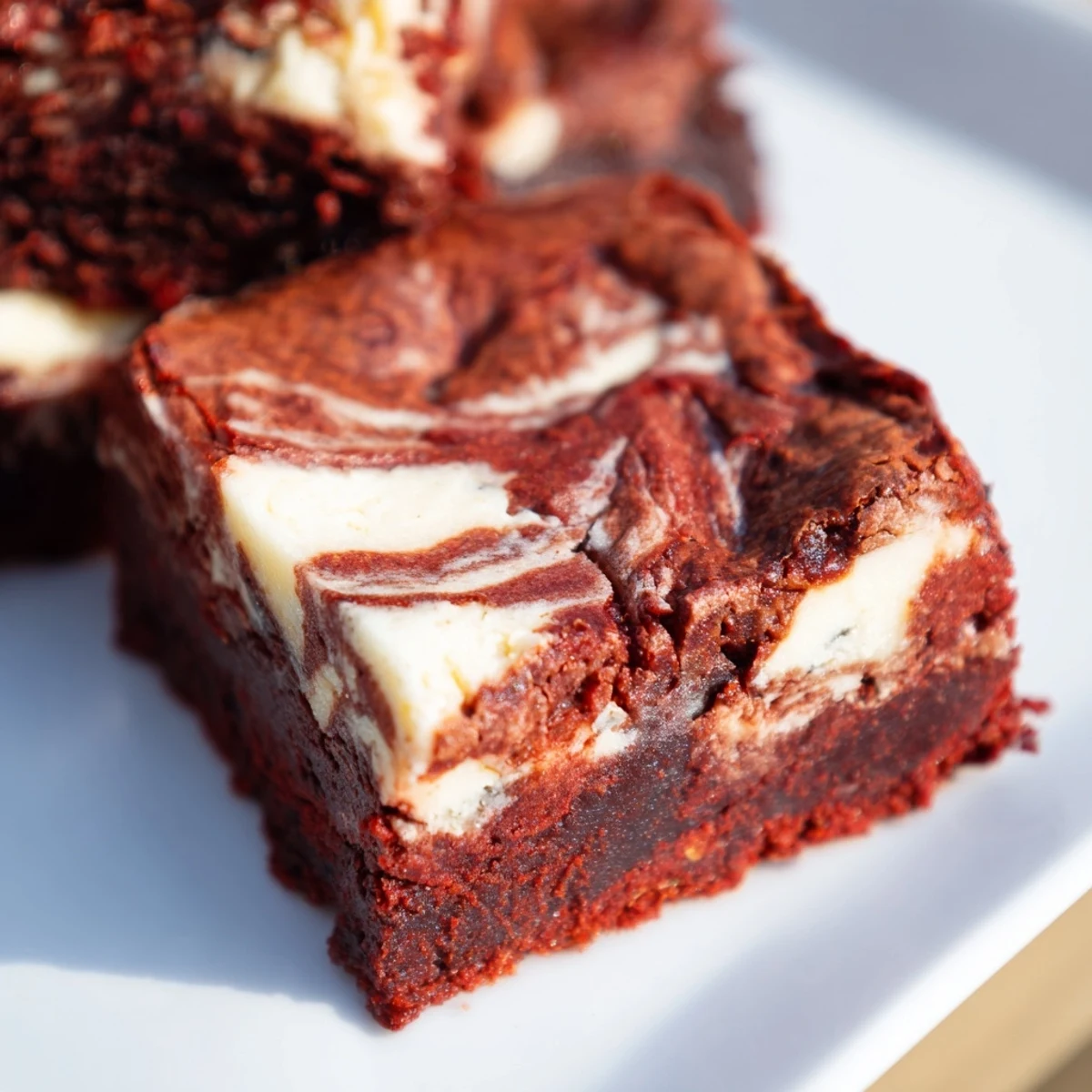 Fudgy Red Velvet Brownies with Cheesecake Swirl are cut into squares, revealing red crumb and cream cheese stripes, ready to serve.