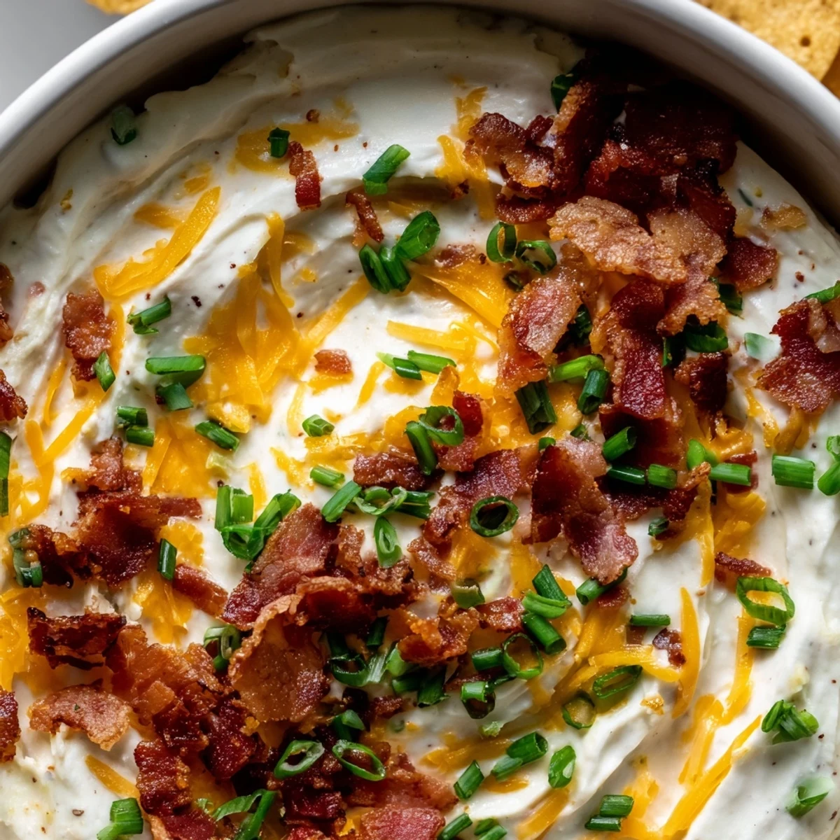 Creamy loaded baked potato dip in a white bowl, garnished with crispy bacon crumbles, fresh chives, and sharp cheddar, served with golden potato chips for dipping.