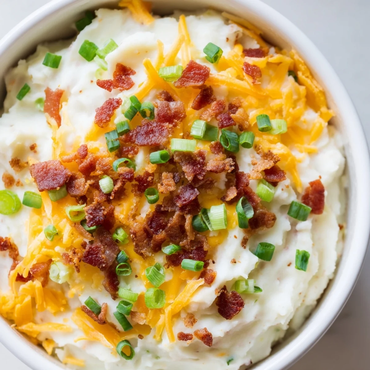 A rustic wooden board holds a bowl of loaded baked potato dip topped with sour cream, bacon, and chives, with crunchy potato chips and green onion slices nearby.