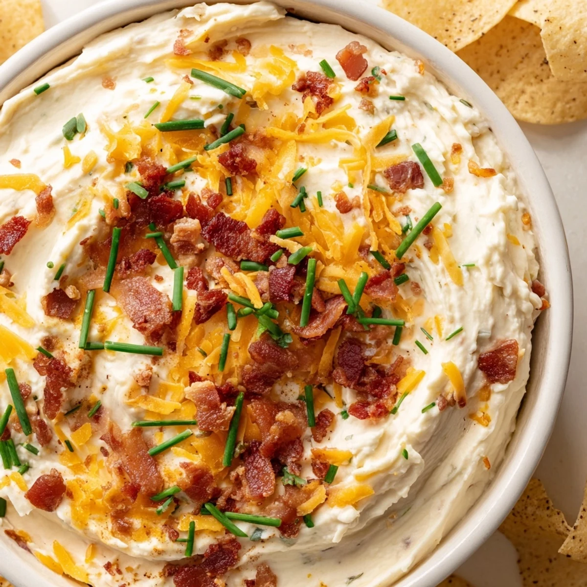 Perfect party appetizer, loaded baked potato dip paired with sturdy potato chips, featuring melted cheddar, crispy bacon bits, and a sprinkle of fresh chives on top.