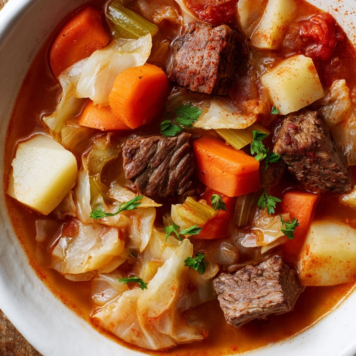 A steaming bowl of Cabbage and Beef Soup with Potatoes, featuring tender beef cubes, sweet cabbage chunks, and diced potatoes in a rich, savory broth.