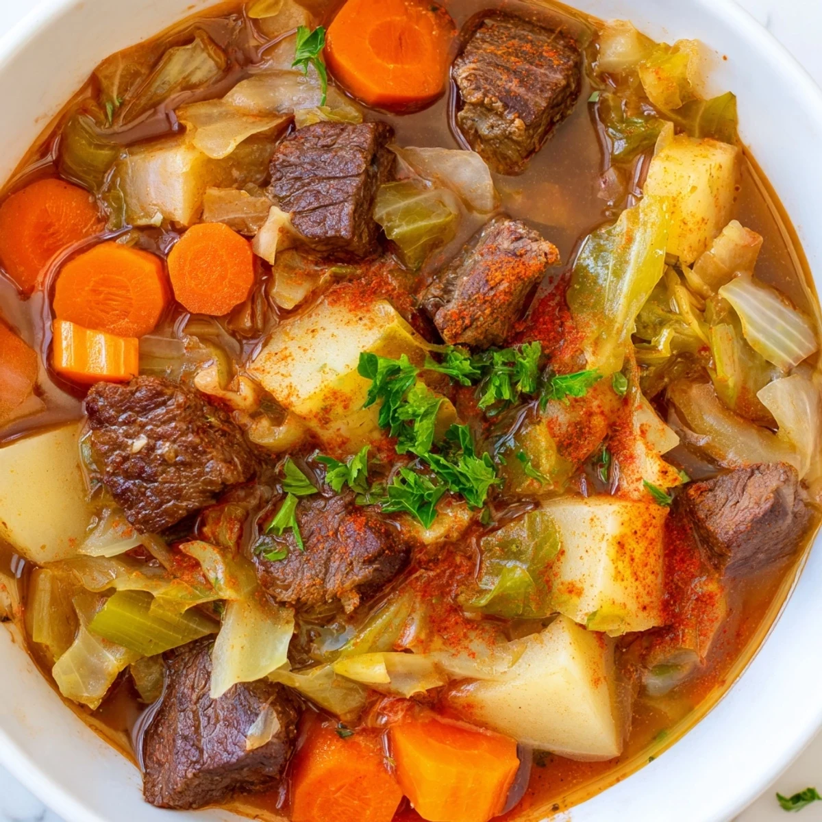 A hearty, rustic Cabbage and Beef Soup with Potatoes simmers in a pot, revealing soft vegetables and tender meat pieces in a tomato-infused broth.