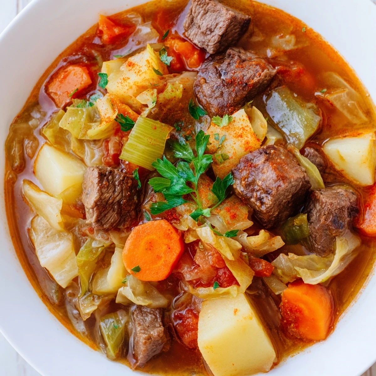 Homemade Cabbage and Beef Soup with Potatoes is ladled into a white bowl, garnished with fresh parsley and ready to be served with crusty bread.