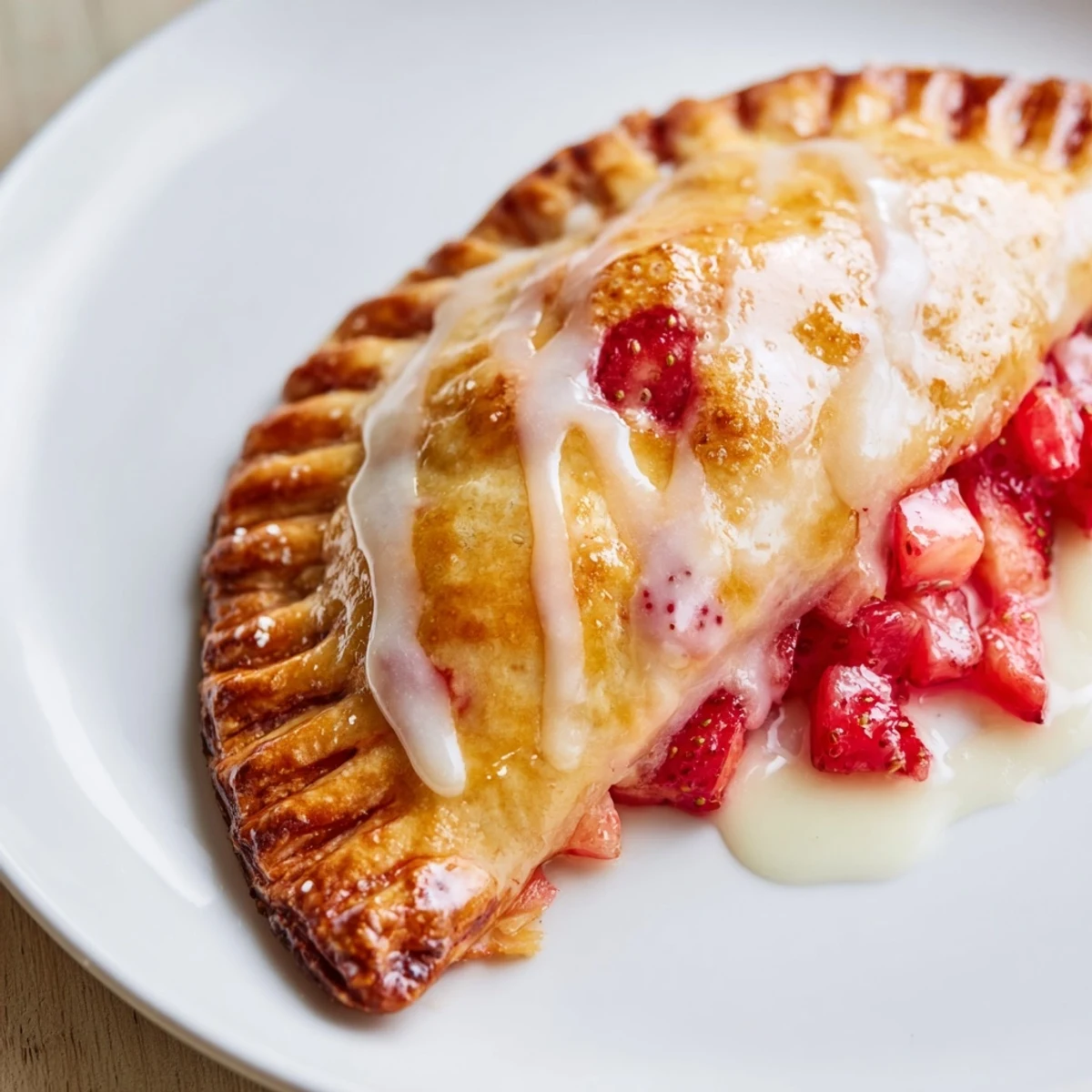 Freshly baked Strawberry Hand Pies with a vanilla glaze on a wire cooling rack, radiating warm golden flaky crusts.
