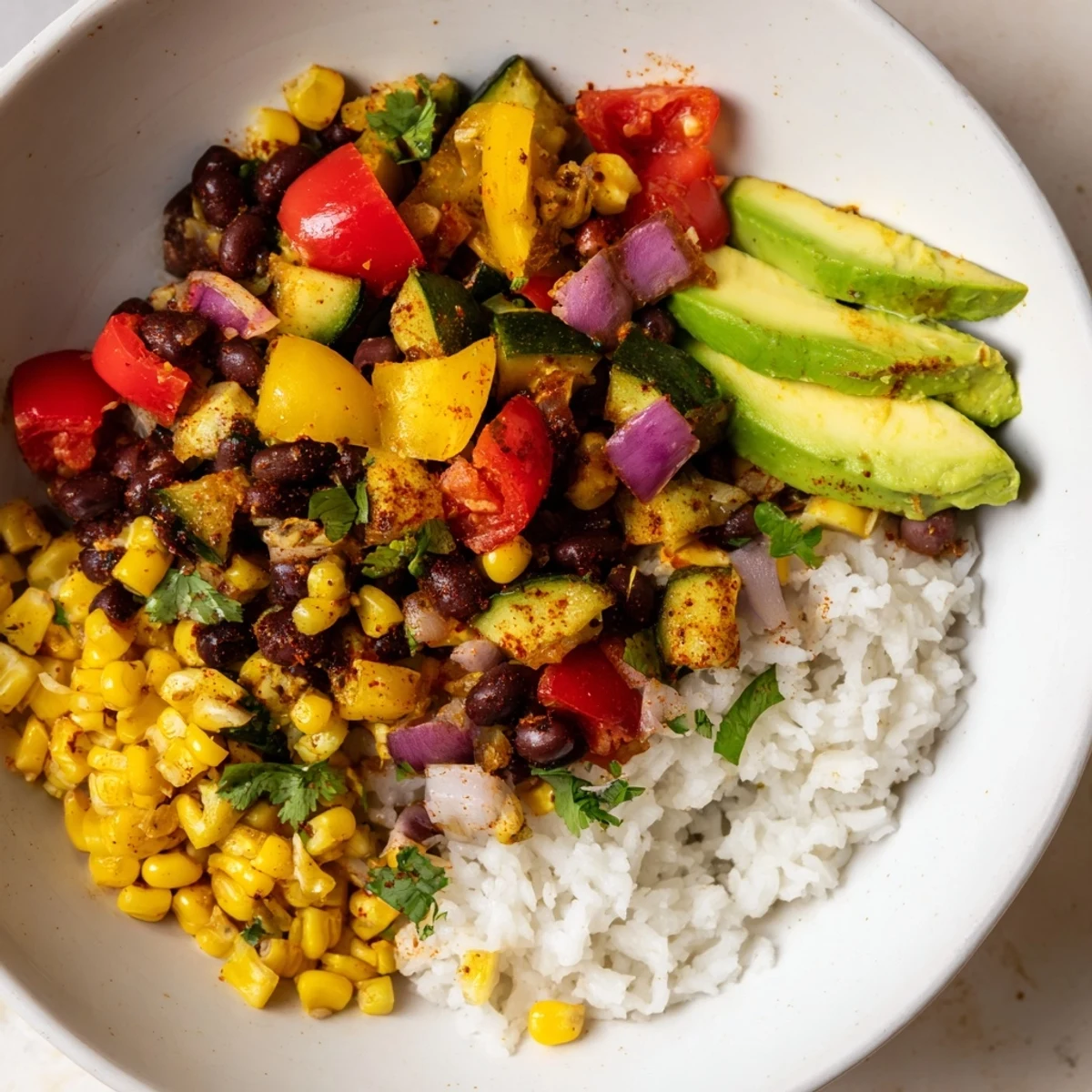 A steaming bowl of Veggie Rice Bowl with Cajun Spices, topped with avocado and fresh cilantro.