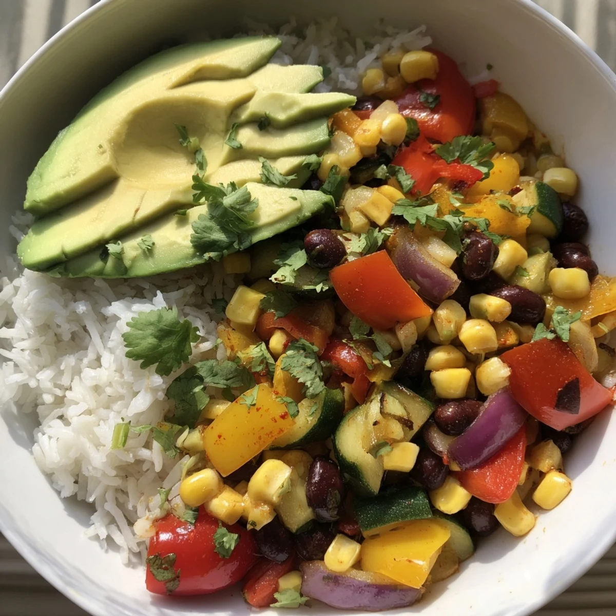 Plated Veggie Rice Bowl with Cajun Spices featuring lime wedges, corn, and a hearty vegetarian dinner.