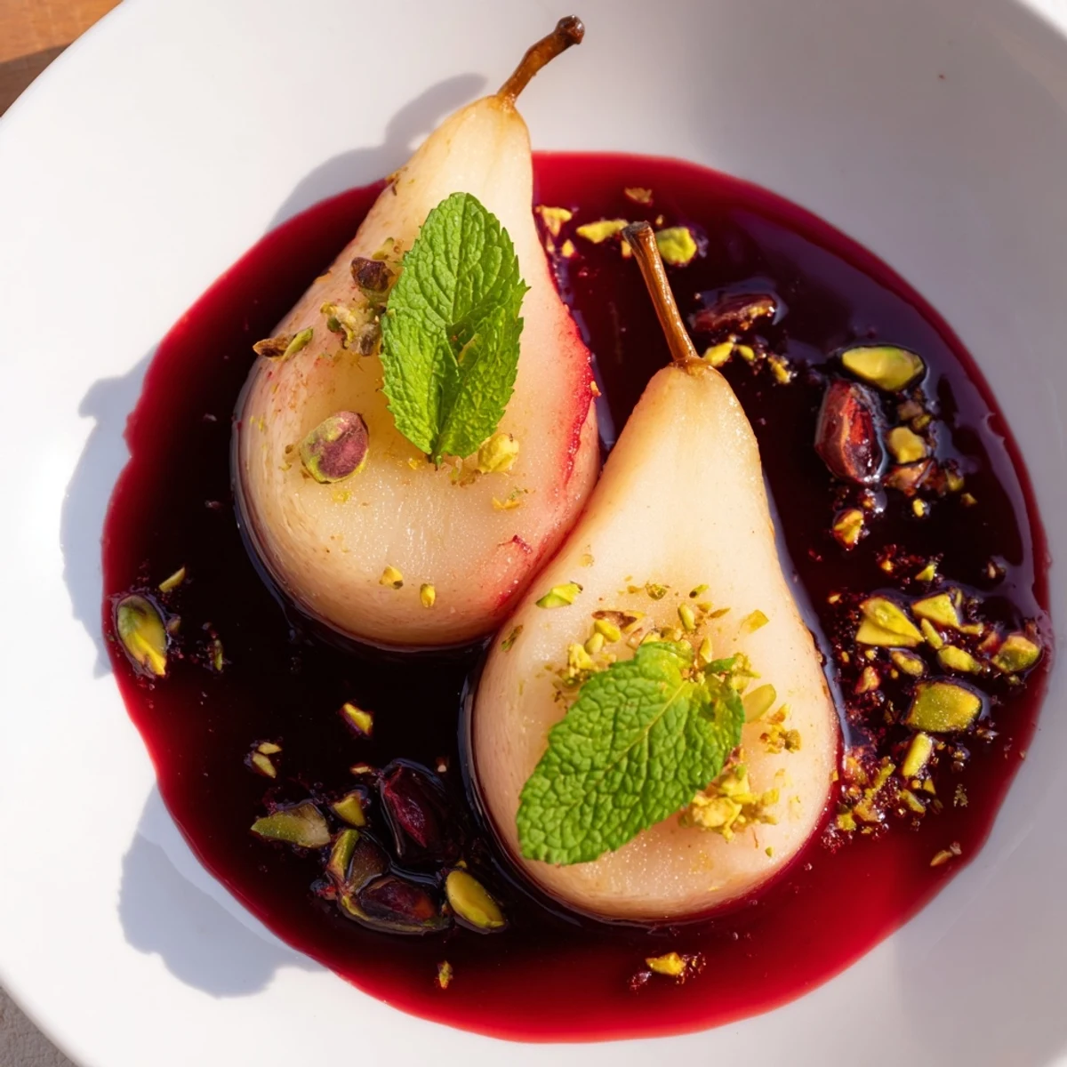 Four tender Poached Pears in Grape Juice Syrup simmered in a deep red cinnamon-scented syrup.