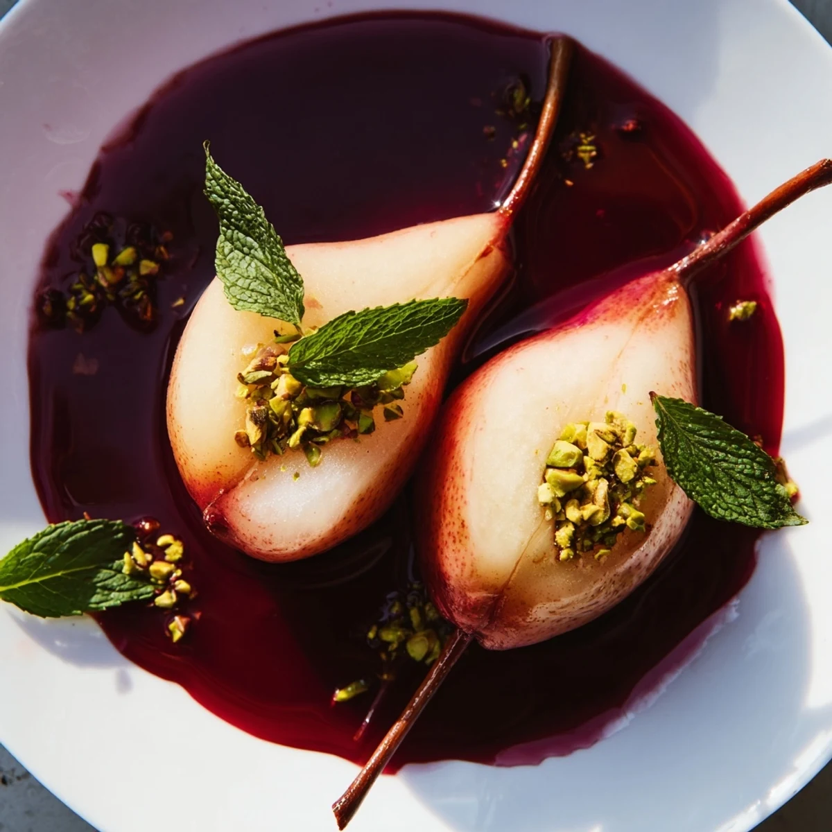 Poached Pears in Grape Juice Syrup garnished with fresh mint and crushed pistachios on a white plate.