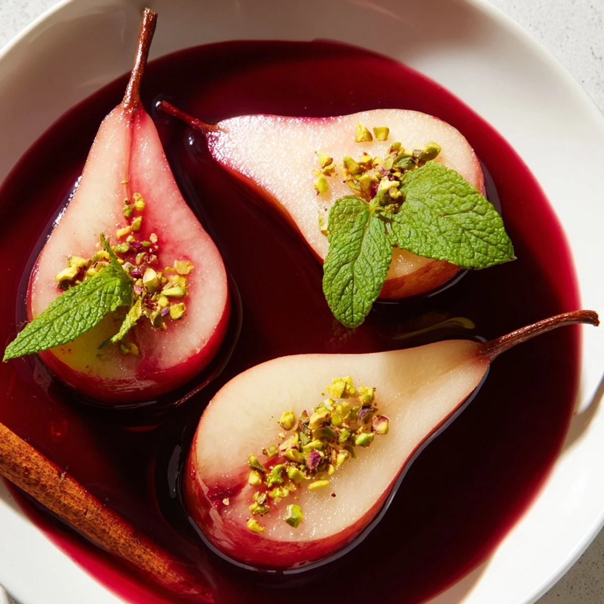 Close-up of Poached Pears in Grape Juice syrup showing soft texture and star anise spices.