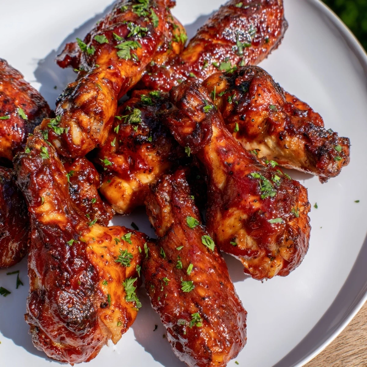 A close-up view of sauced Chicken Wing Platter garnished with parsley, perfect for a party appetizer spread.