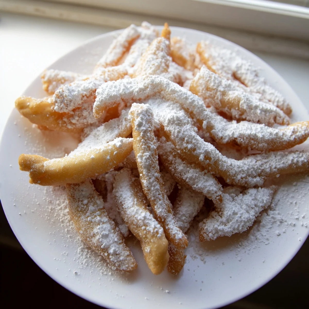 Golden-brown Beignet Fries with Powdered Sugar lined up on a rustic wooden board.