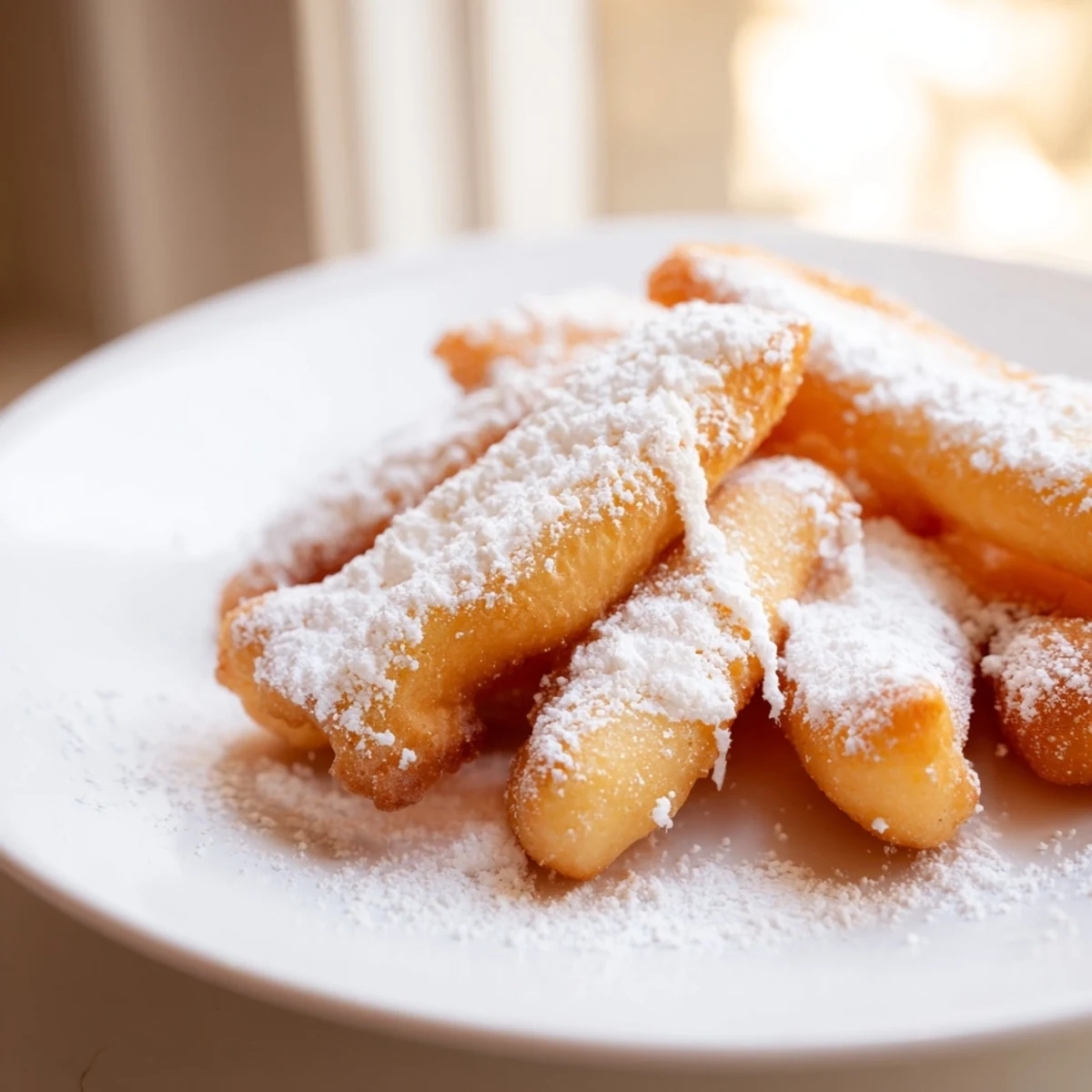 Freshly fried Beignet Fries with Powdered Sugar served on a plate with dipping sauce.
