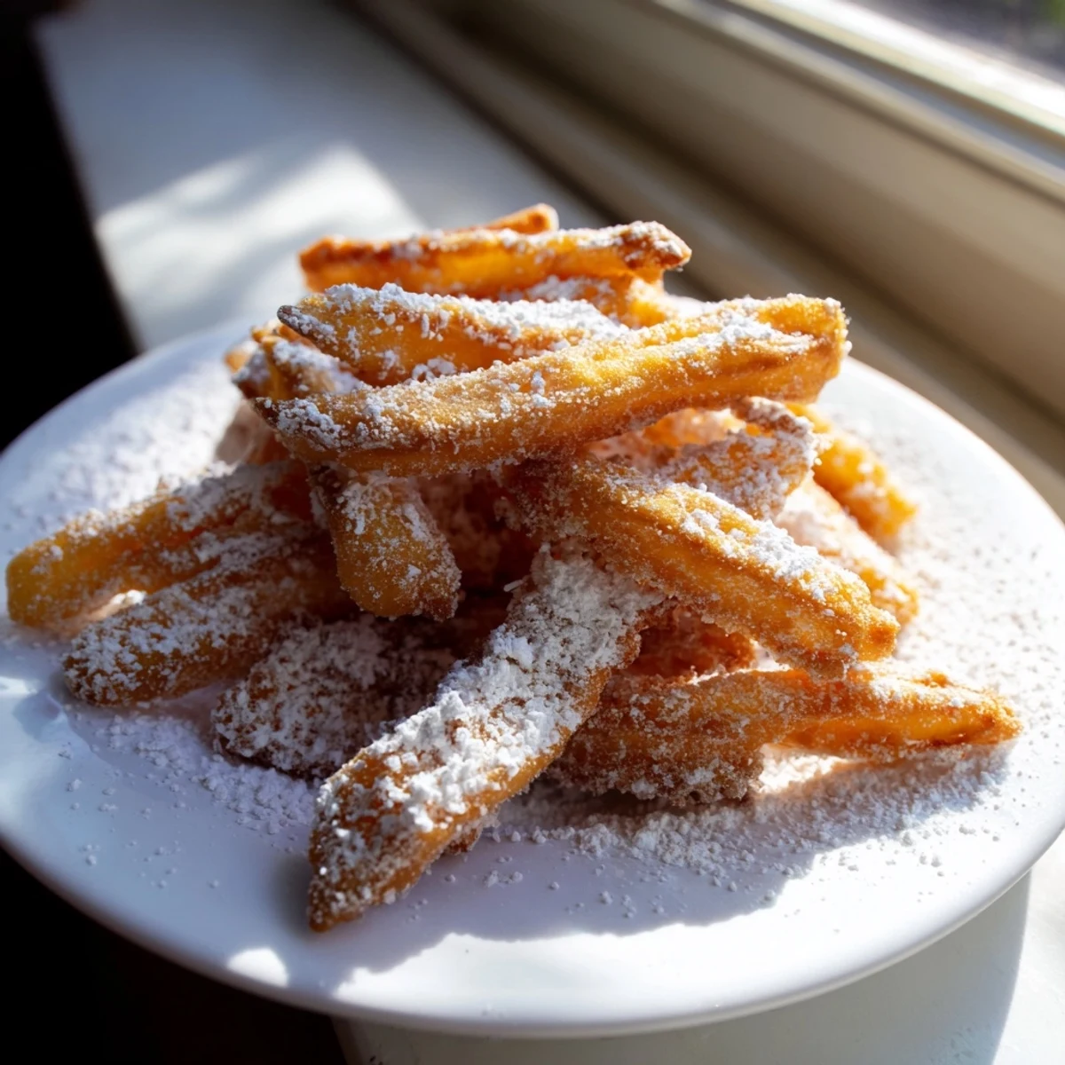 Stack of warm Beignet Fries with Powdered Sugar dusted heavily, ready for snacking.