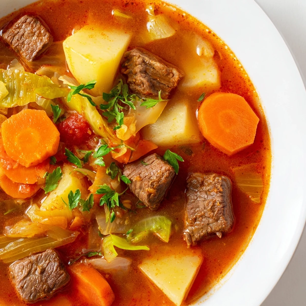 Spoonfuls of hearty Cabbage and Beef Soup with Potatoes reveal tender chunks of beef and carrots.