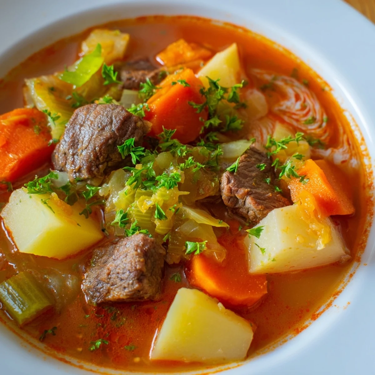 Steam rises from a bowl of homemade Cabbage and Beef Soup with Potatoes, garnished with fresh parsley.