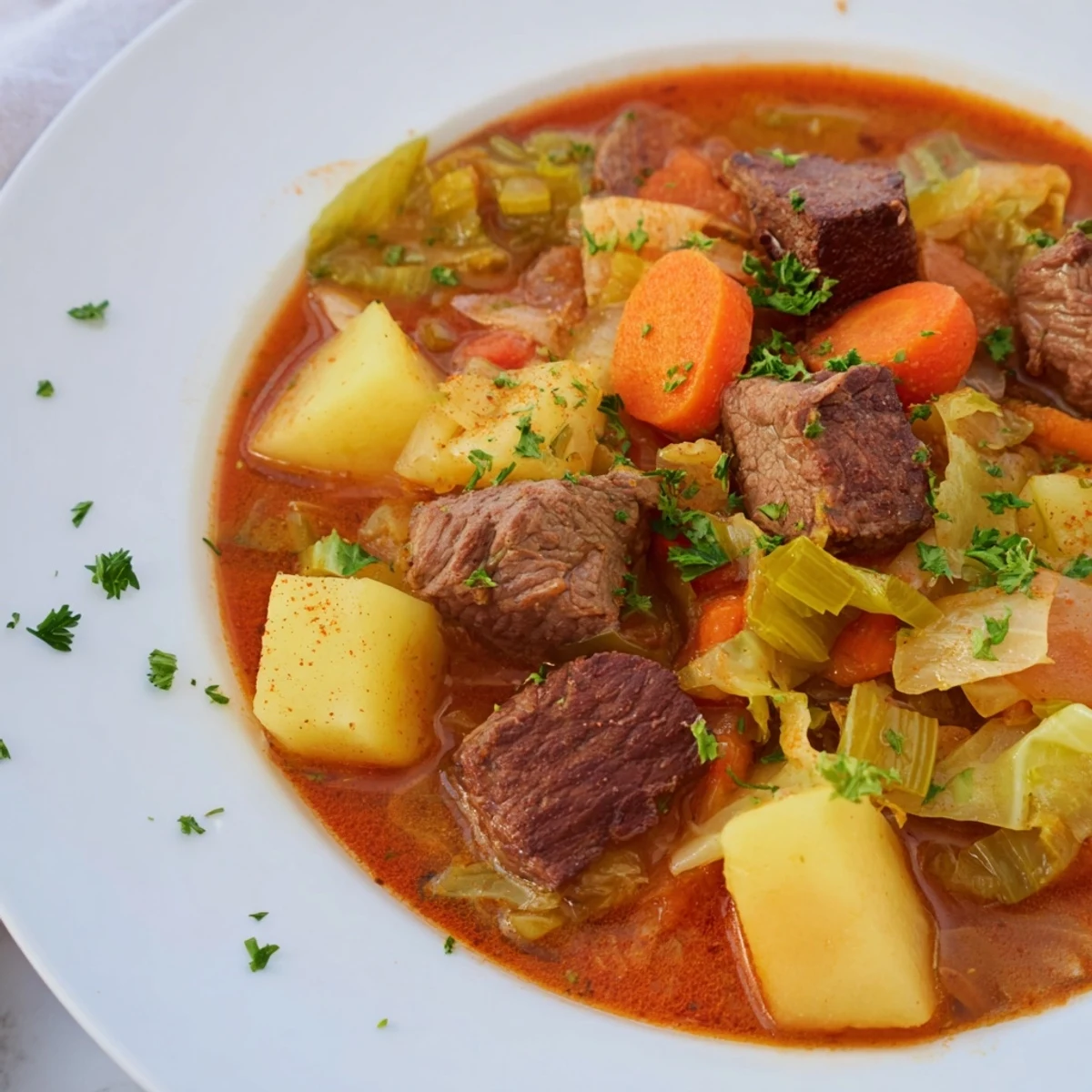 Warm Cabbage and Beef Soup with Potatoes simmers in a rustic pot, ready for a chilly evening.