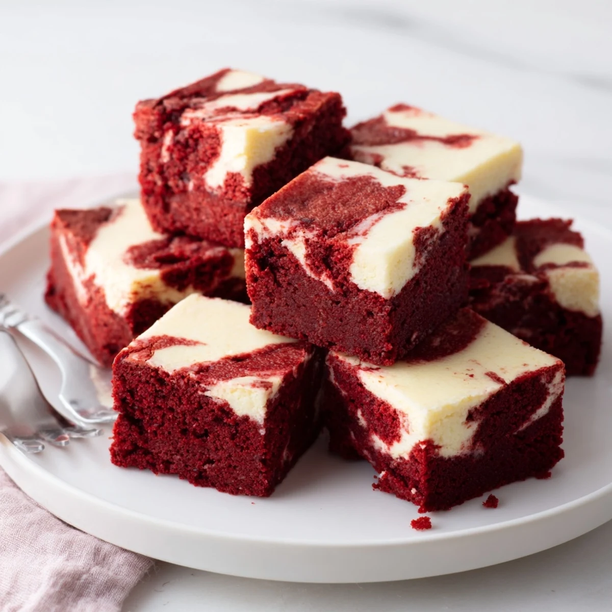 Freshly baked Red Velvet Brownies with Cheesecake Swirl on a plate, featuring a vibrant red crumb and creamy marbled topping perfect for serving.