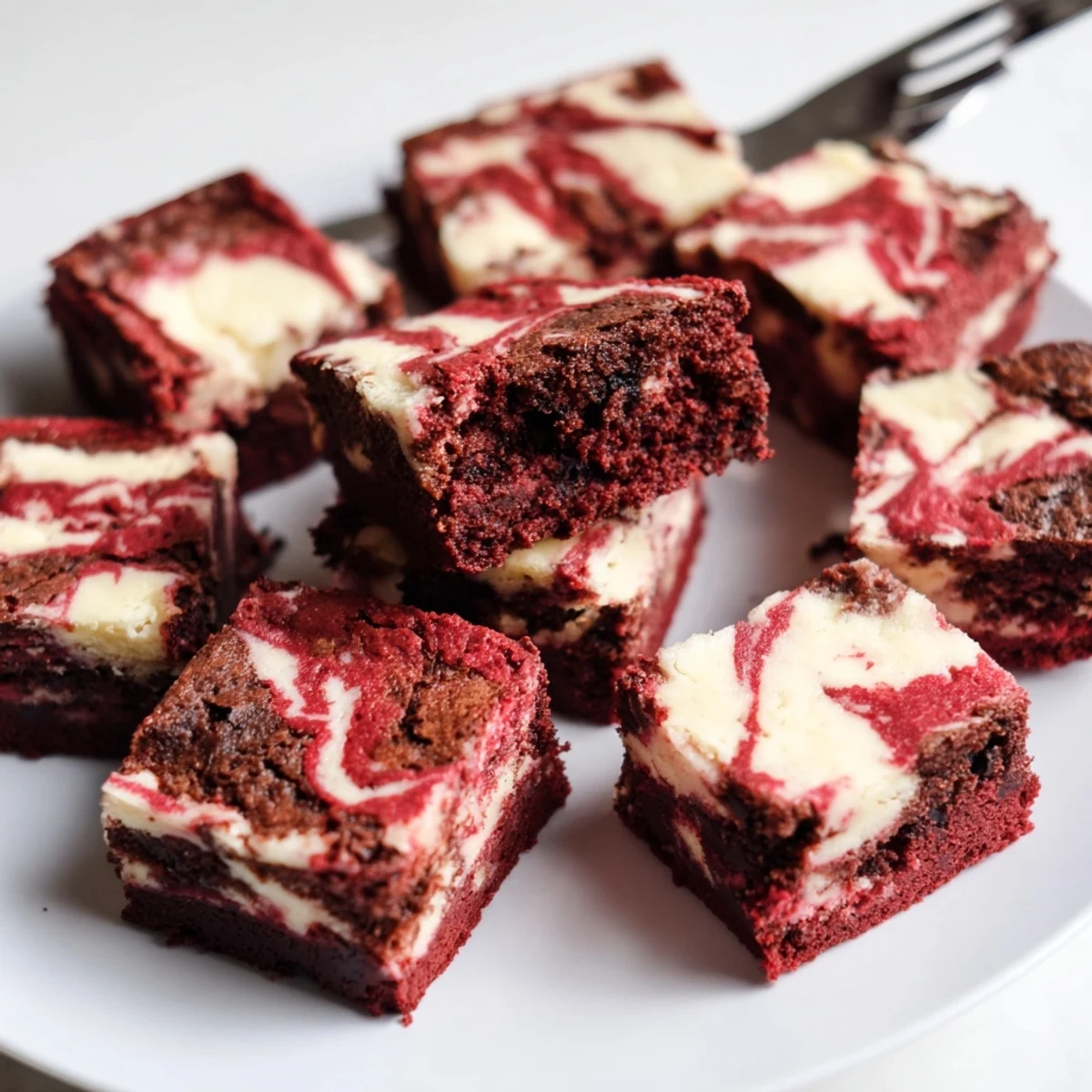 Sliced Red Velvet Brownies with Cheesecake Swirl arranged on a wooden board, showing rich red velvet layers and swirls of sweet cream cheese.