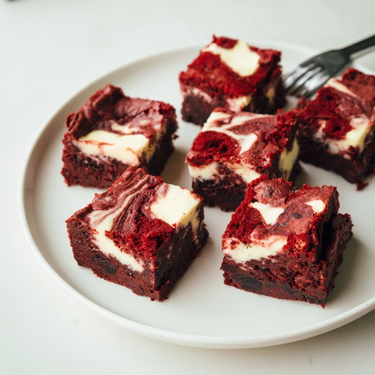 A close up of Red Velvet Brownies with Cheesecake Swirl, highlighting the moist texture and glossy marbled surface on a dessert plate.