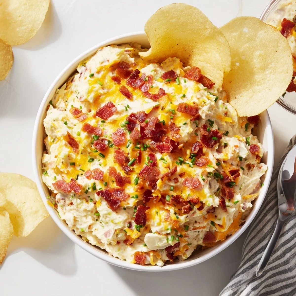 Spoonful of cheesy Loaded Baked Potato Dip with crumbled bacon and green onions, ready for a party platter.