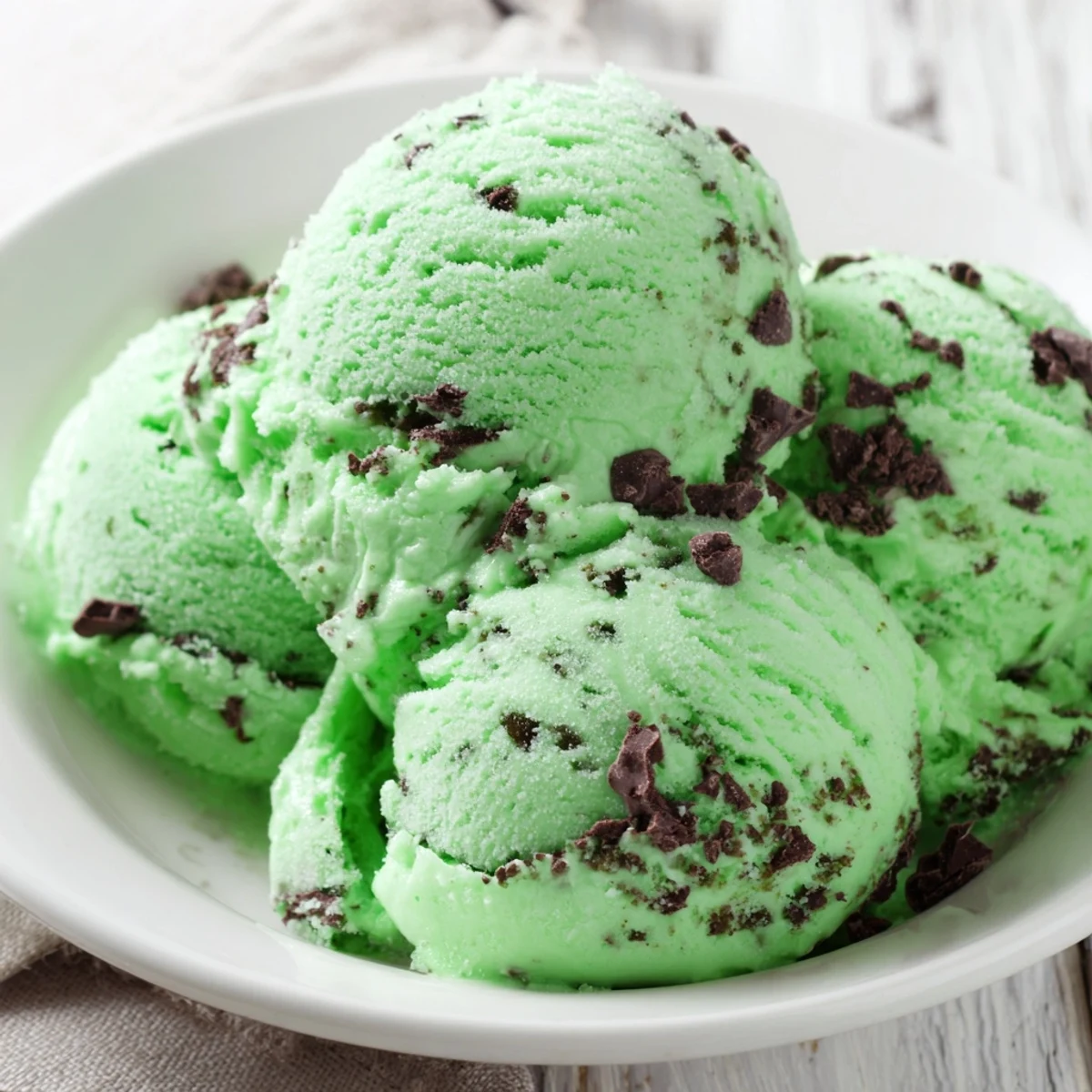 A scoop of vibrant green mint chocolate chip ice cream sits in a glass bowl, showcasing creamy texture and rich chocolate chunks.  