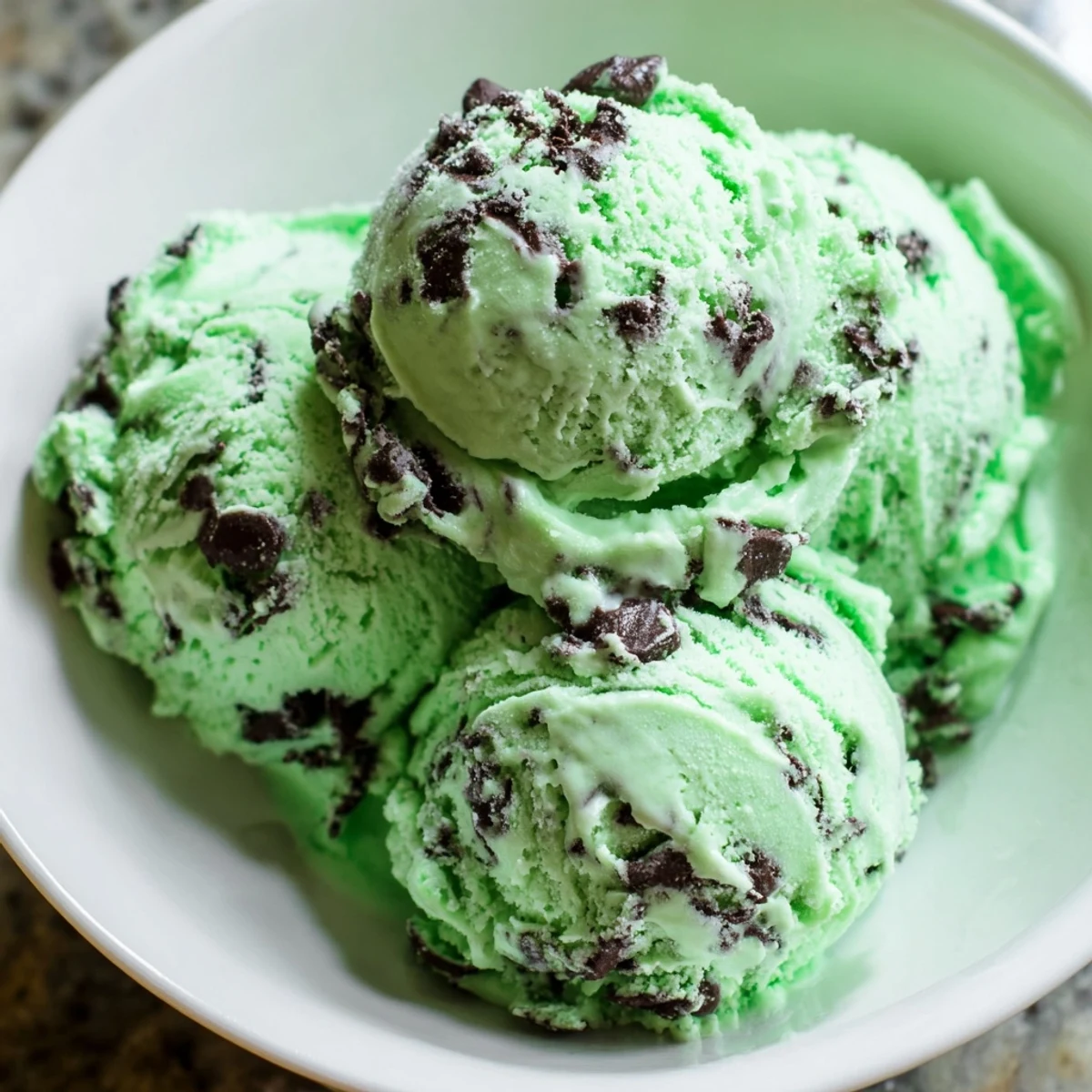 Homemade green mint chocolate chip ice cream is topped with a fresh mint sprig, served beside warm chocolate chip cookies.  