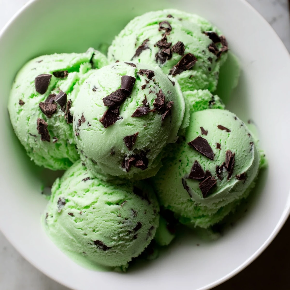 Spoon dipping into a bowl of naturally green mint chocolate chip ice cream, revealing velvety cream and dark chocolate chips.
