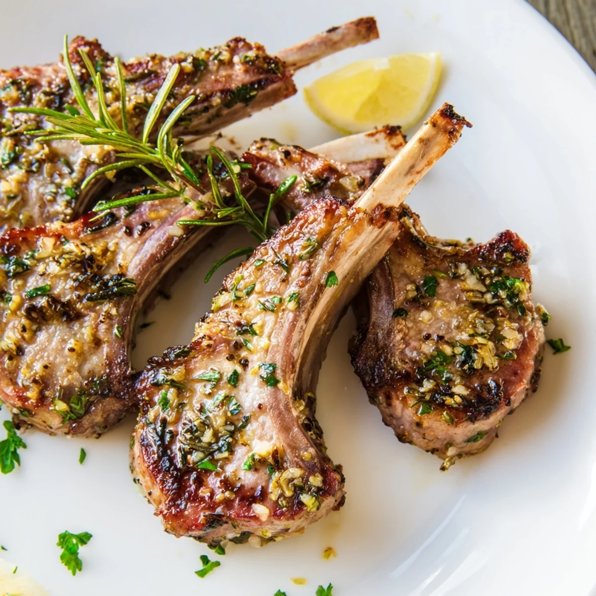 Perfectly seared Roasted Lamb Chops with Garlic glistening with herbs and lemon zest, served alongside rustic roasted potatoes.