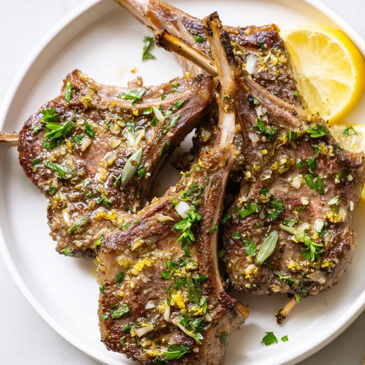 A close-up of juicy Roasted Lamb Chops with Garlic, highlighting the aromatic rosemary and thyme crust on the tender meat.