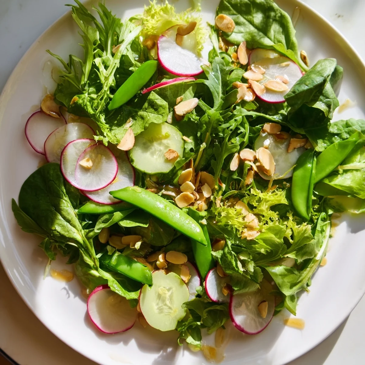 Close-up of a refreshing Spring Greens Salad with lemon vinaigrette, showcasing thin radish slices and glistening greens in a rustic white bowl.