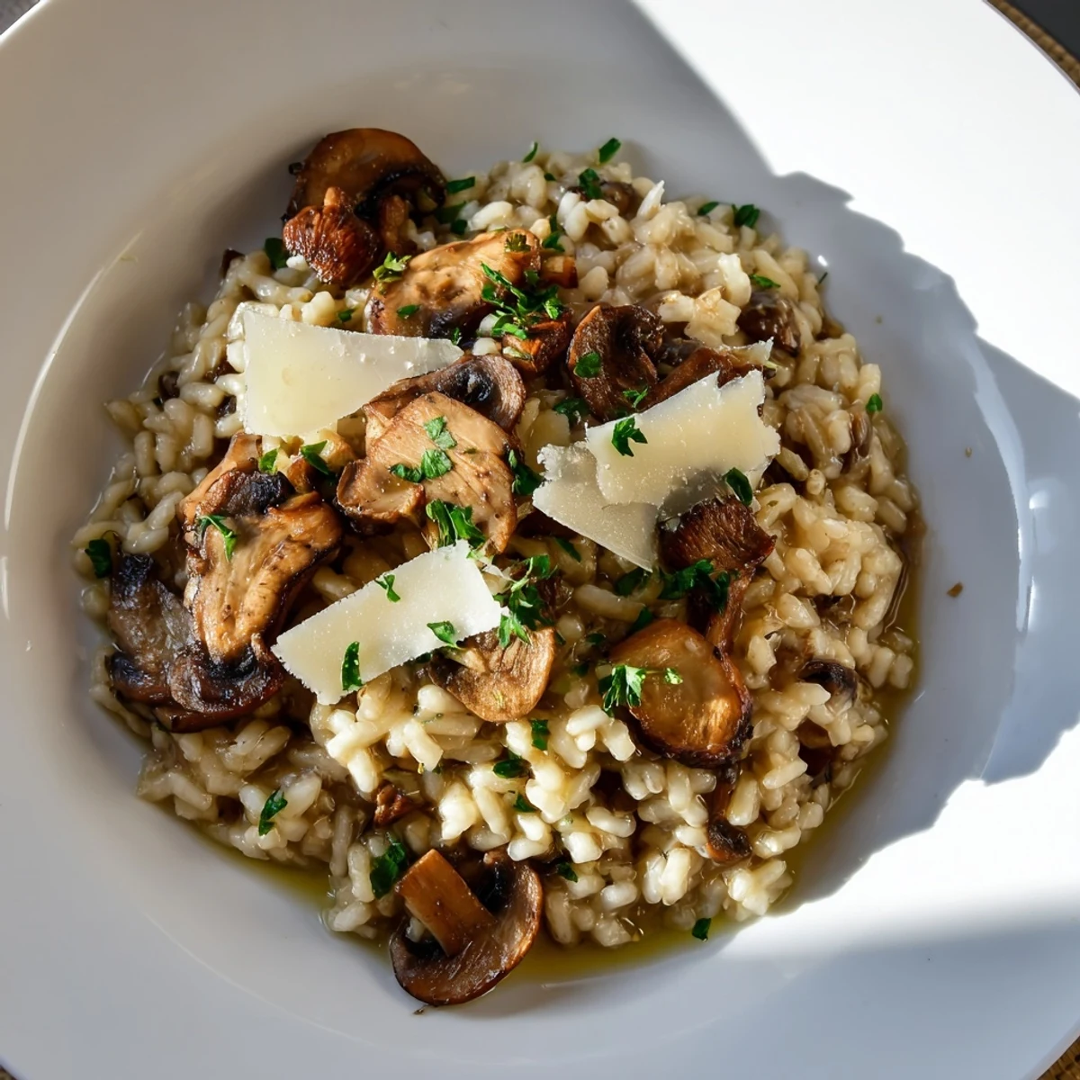 Creamy Mushroom Risotto with Truffle Oil plated in a shallow bowl, garnished with fresh parsley and a swirl of truffle oil.  